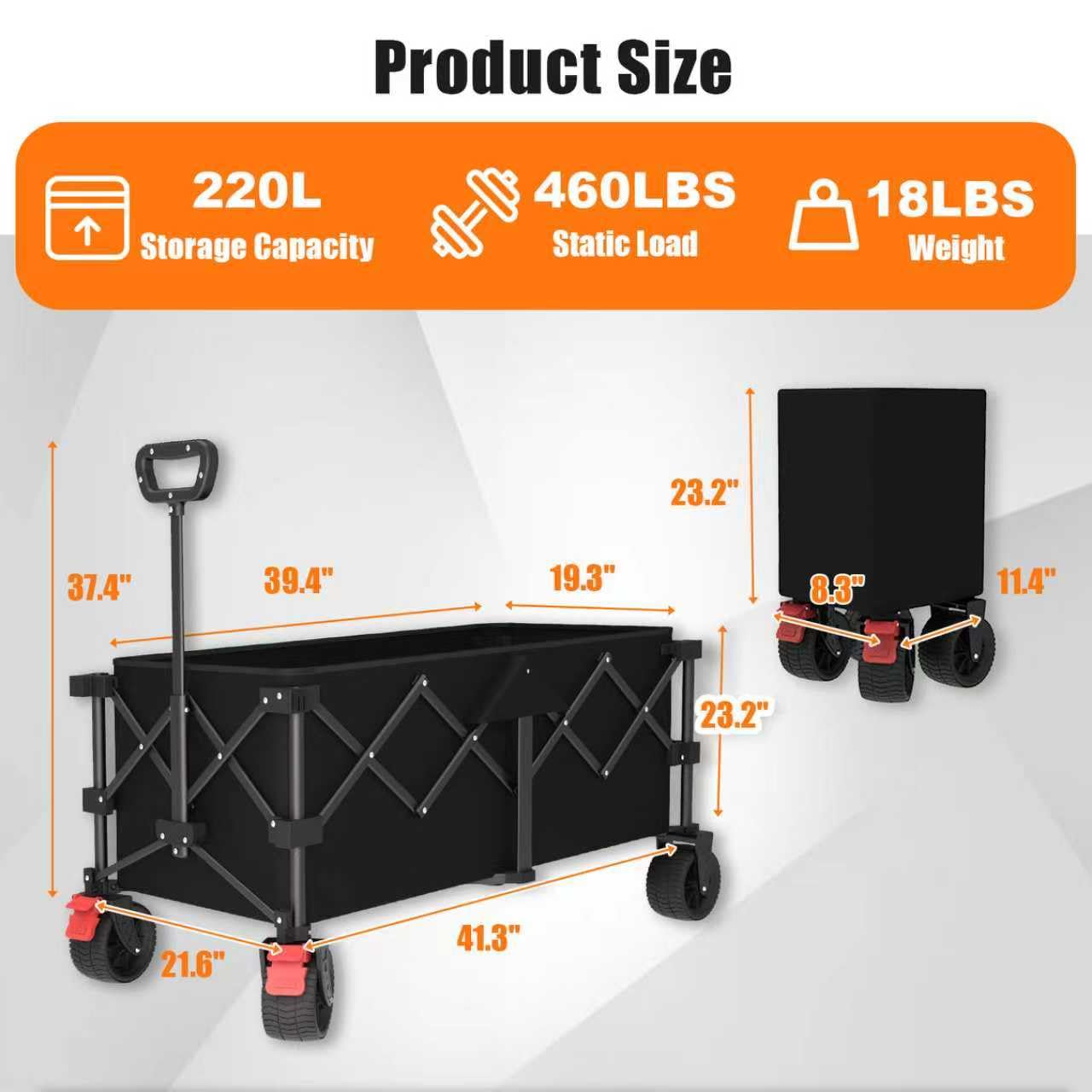 41" L Collapsible Large Wagon Cart Foldable, 460LB Weight Capacity 220L Heavy Duty Folding Beach Wagons with Big All-Terrain Wheels, Utility Carts for Camping, Garden, Shopping, Sports, Black