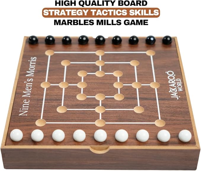 Nine Mens Morris Board Game Marble Strategy Game Solid Wooden Game with 18 Marbles 2 Player Games Ancient Board Games 9 Mens Morris Game Mill Strategy Games for Adults (Walnut)