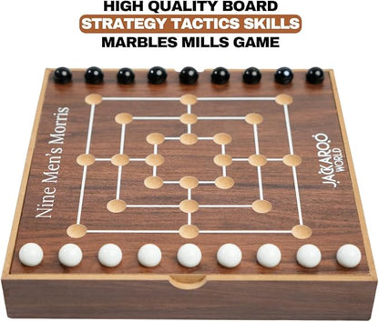 Nine Mens Morris Board Game Marble Strategy Game Solid Wooden Game with 18 Marbles 2 Player Games Ancient Board Games 9 Mens Morris Game Mill Strategy Games for Adults (Walnut)