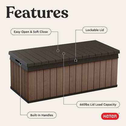 Keter Darwin 100 Gallon Resin Large Deck Box - Organization and Storage for Patio Furniture, Outdoor Cushions, Garden Tools and Pool Gear