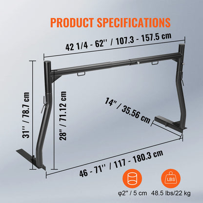 VEVOR Extendable Steel Truck Ladder Rack - 800 lbs Capacity, 46-71 inch, Non-Drilling for Kayak, Surfboard, Lumber, Ladder