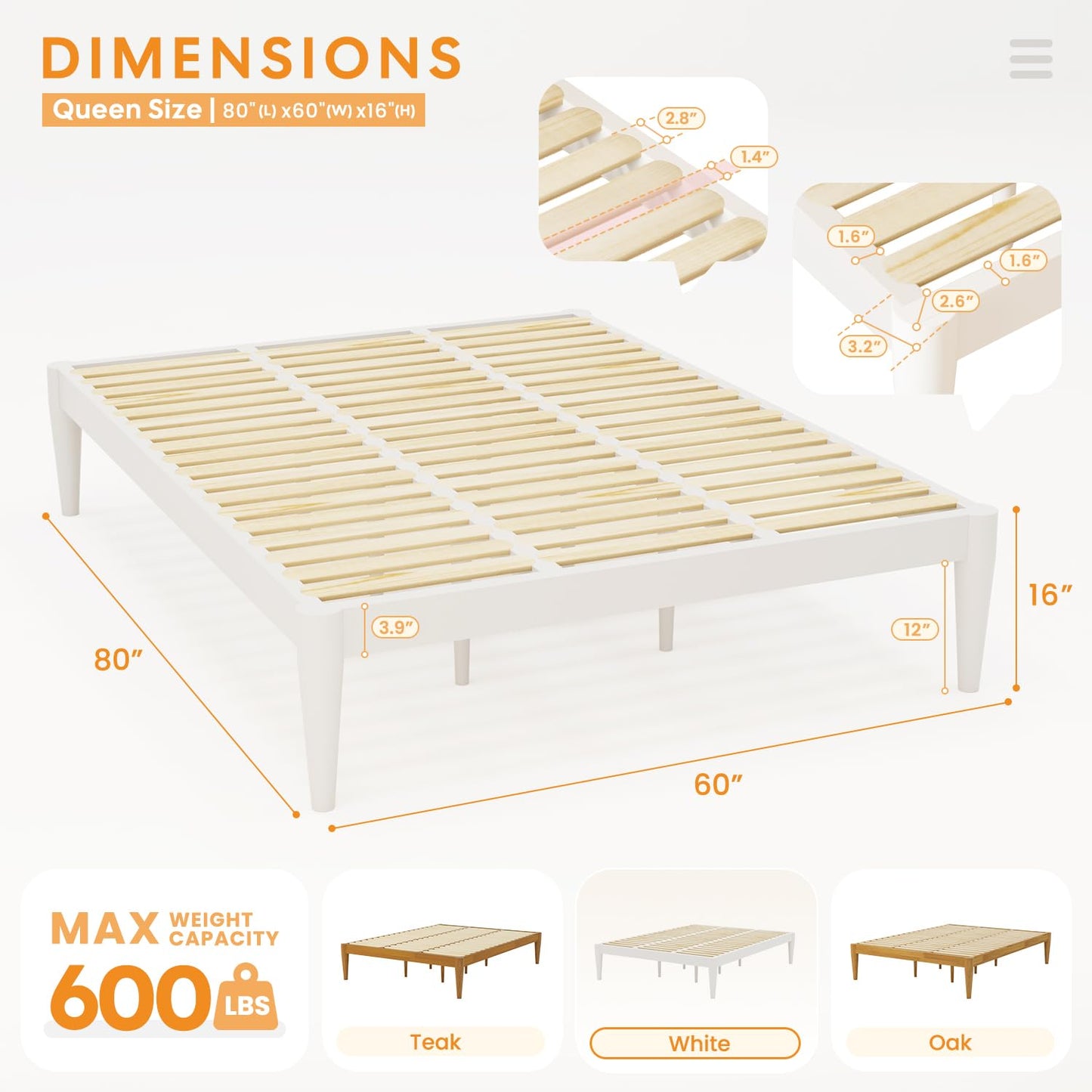 IOTXY Queen Platform Bed Frame - Solid Wood 16-Inch Height Mattress Foundation Base with Densely Slats and Heavy-Duty Support Legs, No Box Spring Needed, White