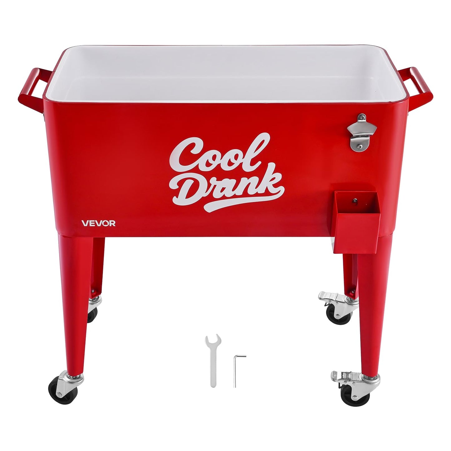 VEVOR 80 Quart Rolling Ice Chest, Holds up to 50 Bottles / 110 Cans, Portable Patio Party Bar Drink Cooler Cart with 4 Swivel Casters (2 with Brakes), Beverage Cooler Trolley with Bottle Opener, Red