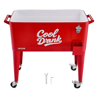 VEVOR 80 Quart Rolling Ice Chest, Holds up to 50 Bottles / 110 Cans, Portable Patio Party Bar Drink Cooler Cart with 4 Swivel Casters (2 with Brakes), Beverage Cooler Trolley with Bottle Opener, Red