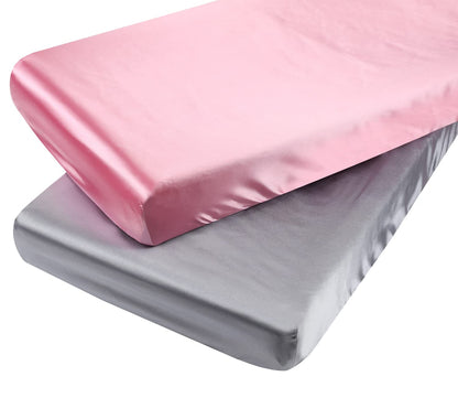 Satin Pack n Play Sheet Set 2 Pack Ultra Soft Silk Playard Sheet 36x36 Inch Protect for Baby Hair and Skin, Grey & Pink