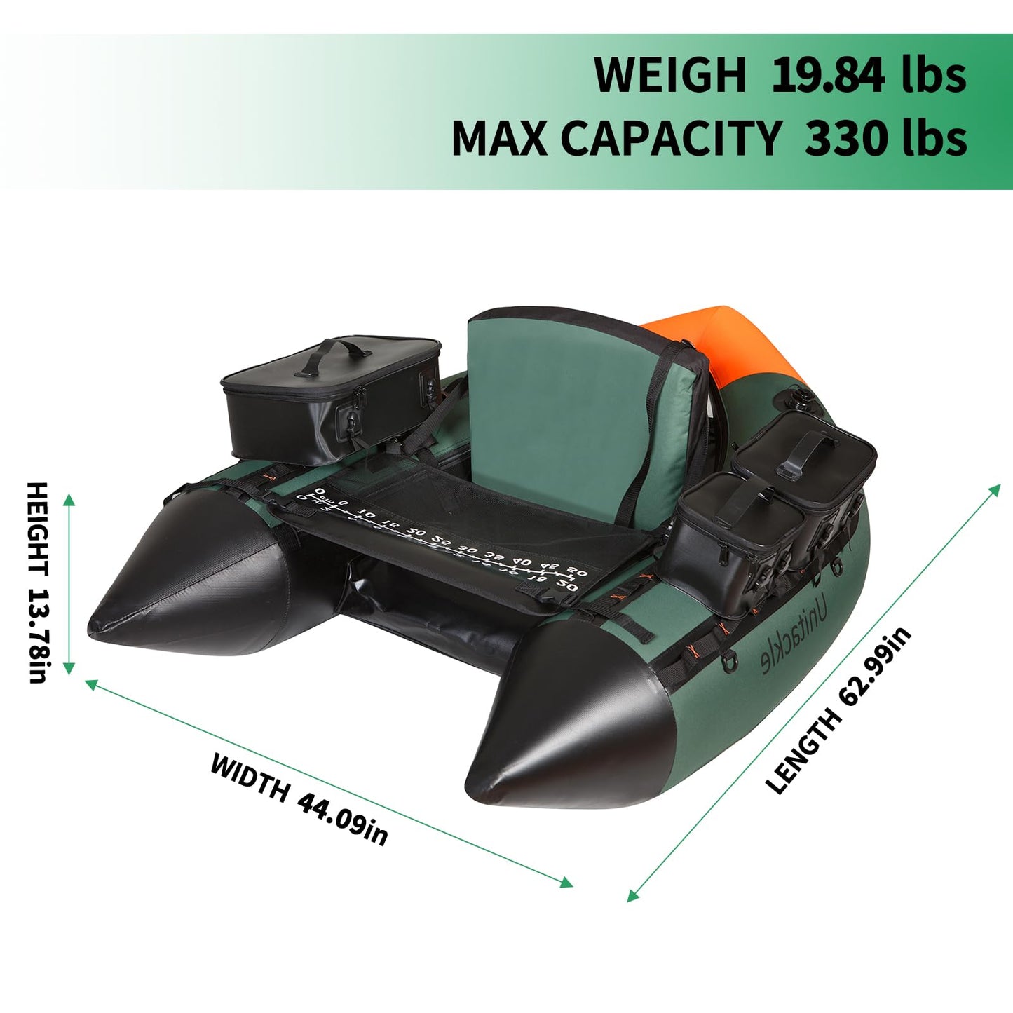 UNITACKLE Inflatable Fishing Float Tube, Belly Boat Fishing with Detachable Side Bags, Hand Pump, Fish Ruler, Paddle, Fins, Rod Holder and Mount, Inflatable Float Tube for 330lb Load Capacity