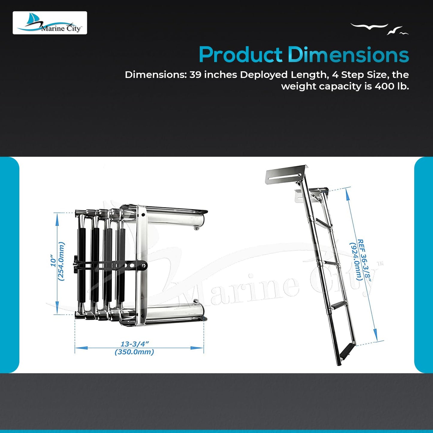 MARINE CITY 4-Step Telescoping Swim Ladder with Rubber Strap, 304 Stainless Steel, Sturdy, Strong & Smooth Fine Polished - Ideal for Boats, RVs, Ships, Yachts, Swimming Pools (Pack of 1)