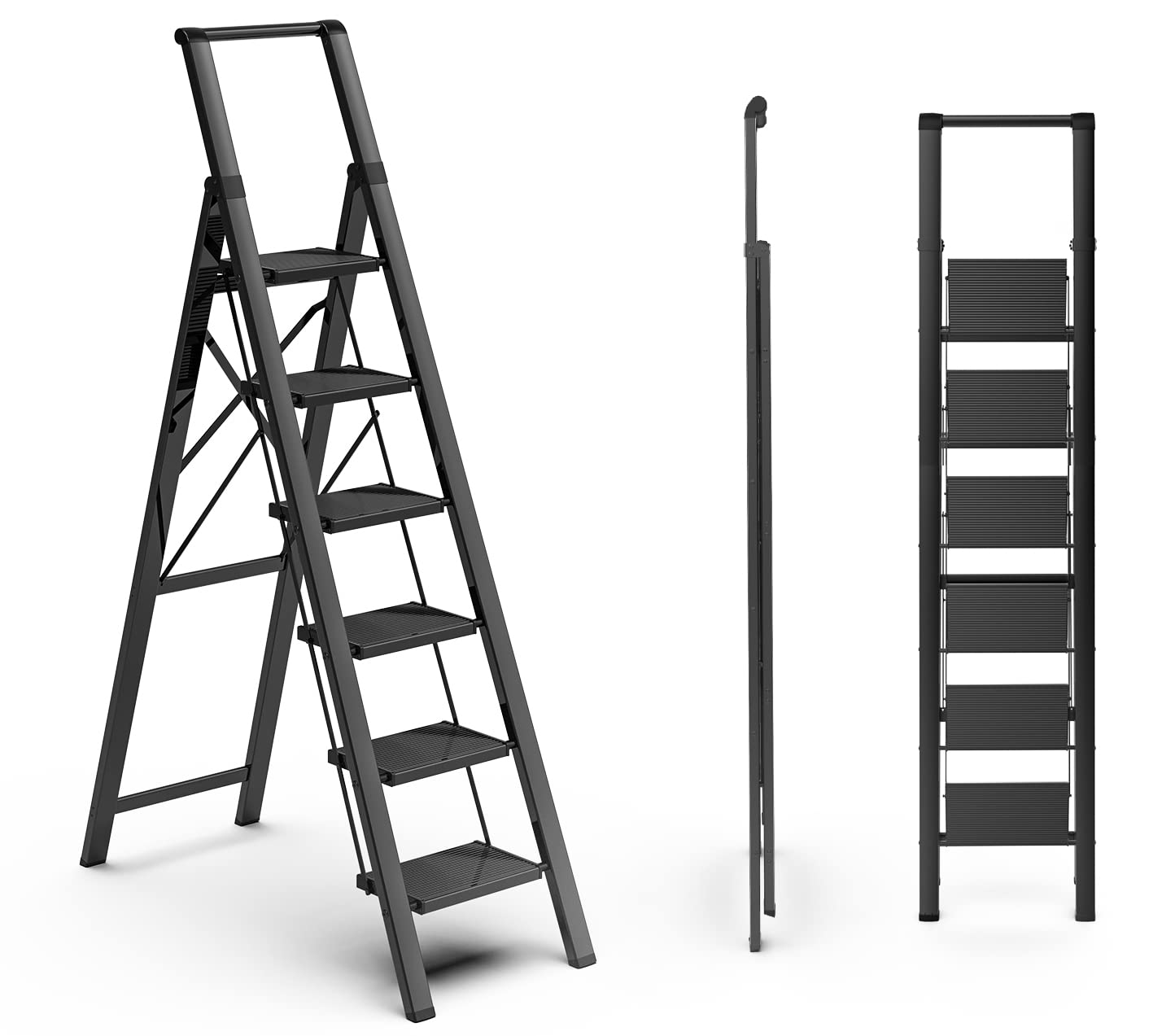 SOLADDER 6 Step Ladder for 12 Feet High Ceiling, Folding Step Stool with Handgrip & Anti-Slip Wide Pedal, Portable Lightweight Aluminum Stepladder for Kitchen, Home (300 lbs Capacity) - Black