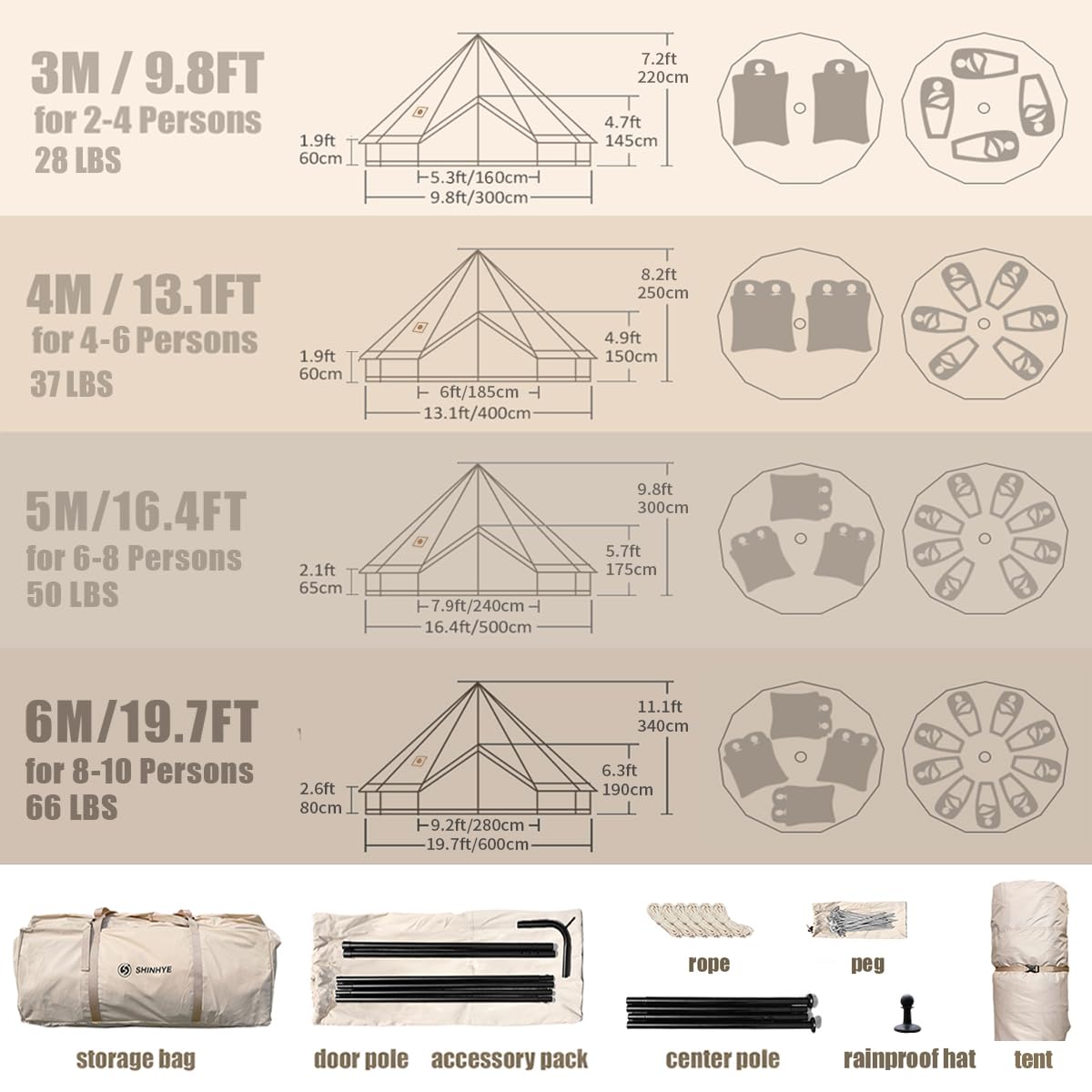 ShinHye Canvas Bell Tent Yurt Tent 4 Seasons for Camping 100% Cotton Glamping Tents with Stove Jack, Family Camping Outdoor Hunting Party (3M- 9.8FT)