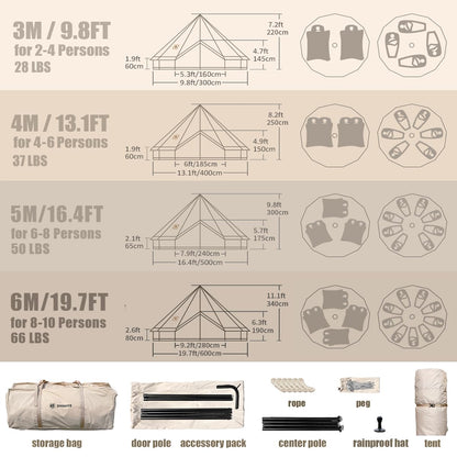 ShinHye Canvas Bell Tent Yurt Tent 4 Seasons for Camping 100% Cotton Glamping Tents with Stove Jack, Family Camping Outdoor Hunting Party (3M- 9.8FT)