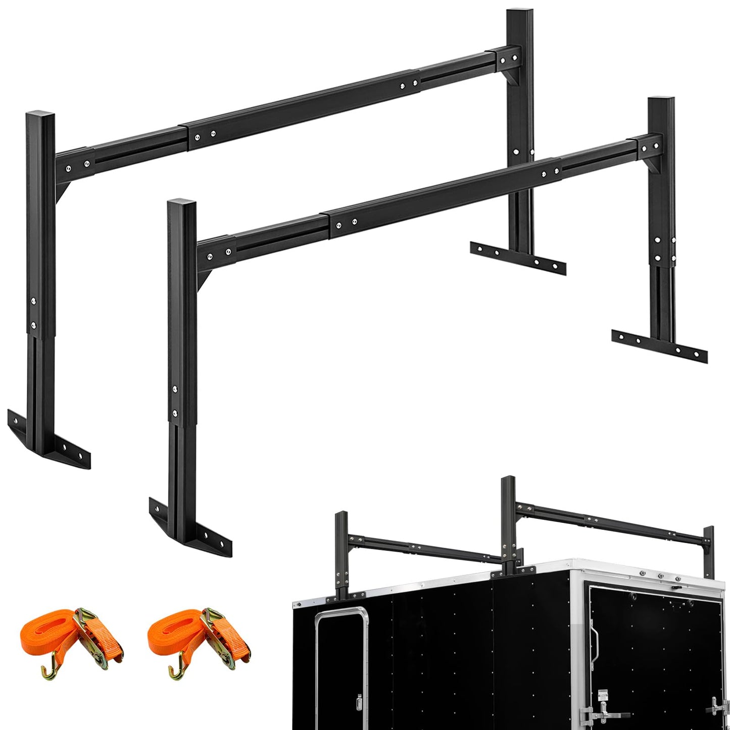 CIRONBOW Adjustable Aluminum Trailer Ladder Rack, Cargo Box Rack with 2 Straps, Adjustable Length 5.7FT-7.7FT, 2 Bars - Fit for Open and Enclosed Trailers, 800LB Capacity