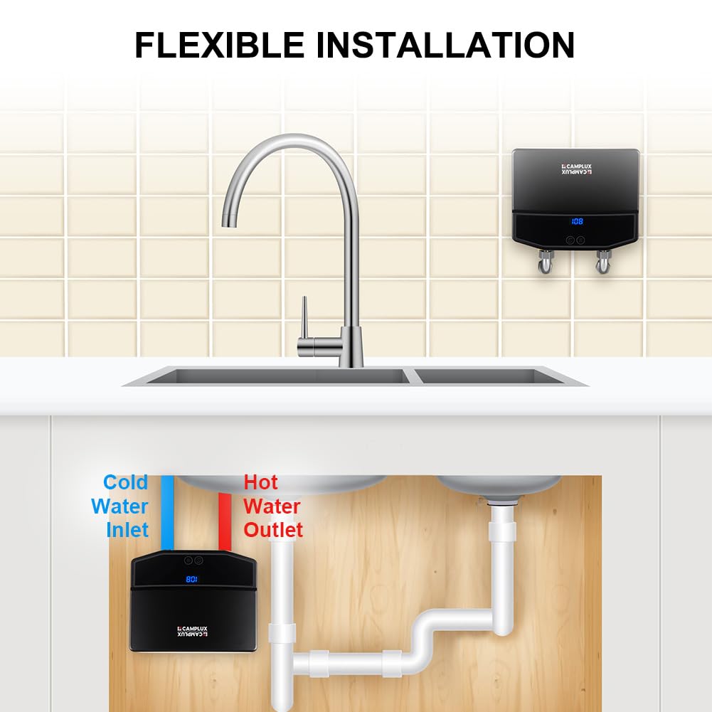CAMPLUX Tankless Water Heater Electric 3.5kW 120V, Point-of-Use Hot Water Heater Digital Display, Self-modulating, Overheating Protection, Black
