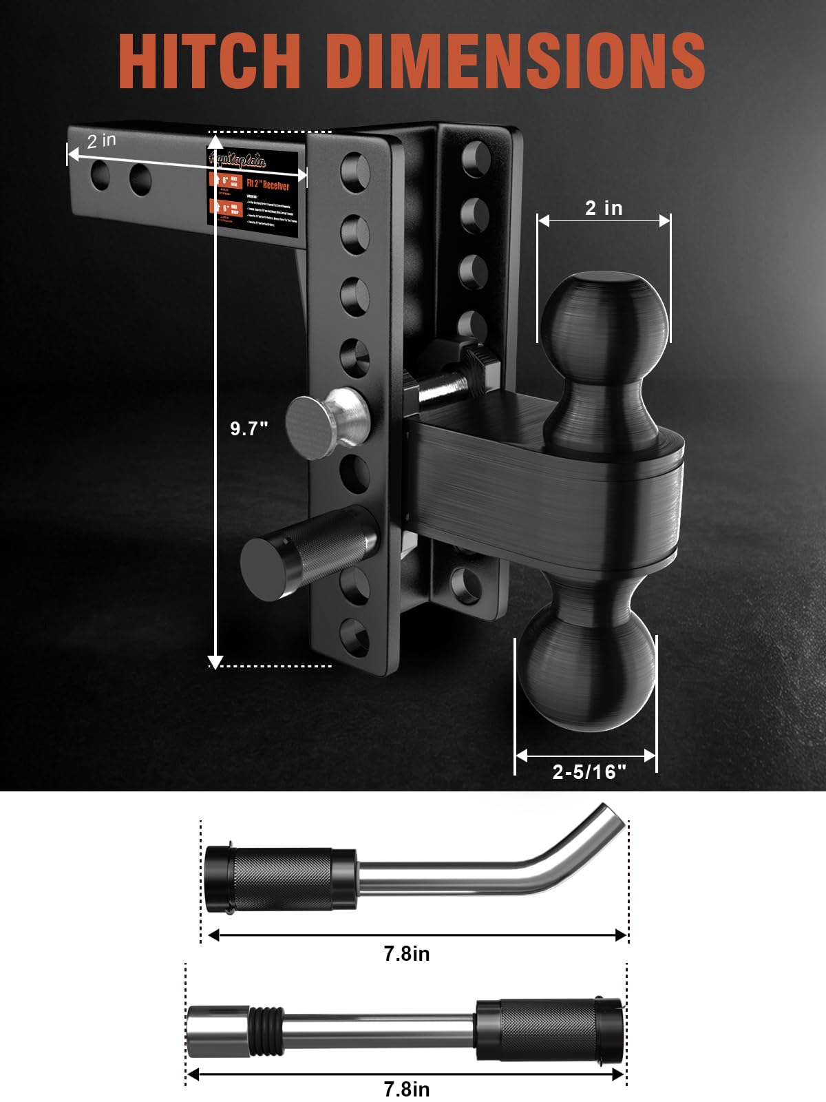 Aquilaplain 2 inch Adjustable Trailer Hitch with 2 Anti-Theft Lock Pins - 6" Rise/Drop, 2'' & 2-5/16'' Ball Hitches 25000 LBS Heavy Duty Towing Ball Mount for RVs, Campers, Boat Trailers