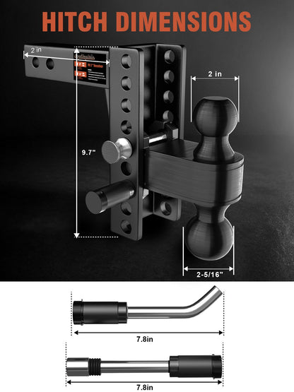 Aquilaplain 2 inch Adjustable Trailer Hitch with 2 Anti-Theft Lock Pins - 6" Rise/Drop, 2'' & 2-5/16'' Ball Hitches 25000 LBS Heavy Duty Towing Ball Mount for RVs, Campers, Boat Trailers