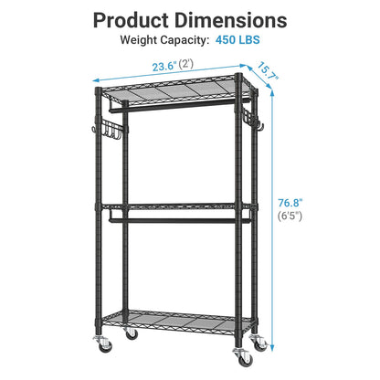 VIPEK R2 Mini Rolling Clothes Rack Heavy Duty Clothing Rack for Hanging Clothes Adjustable Portable Closet Metal Clothes Racks with Wheels Double Rods Side Hooks, Freestanding Garment Rack, Black