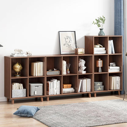 IOTXY Open Cube Low Bookcase - 3-Tier Freestanding Storage Display Cabinet Organizer with Legs for Home Office, 8-Cubes Open Shelf Short Bookshelf, Walnut