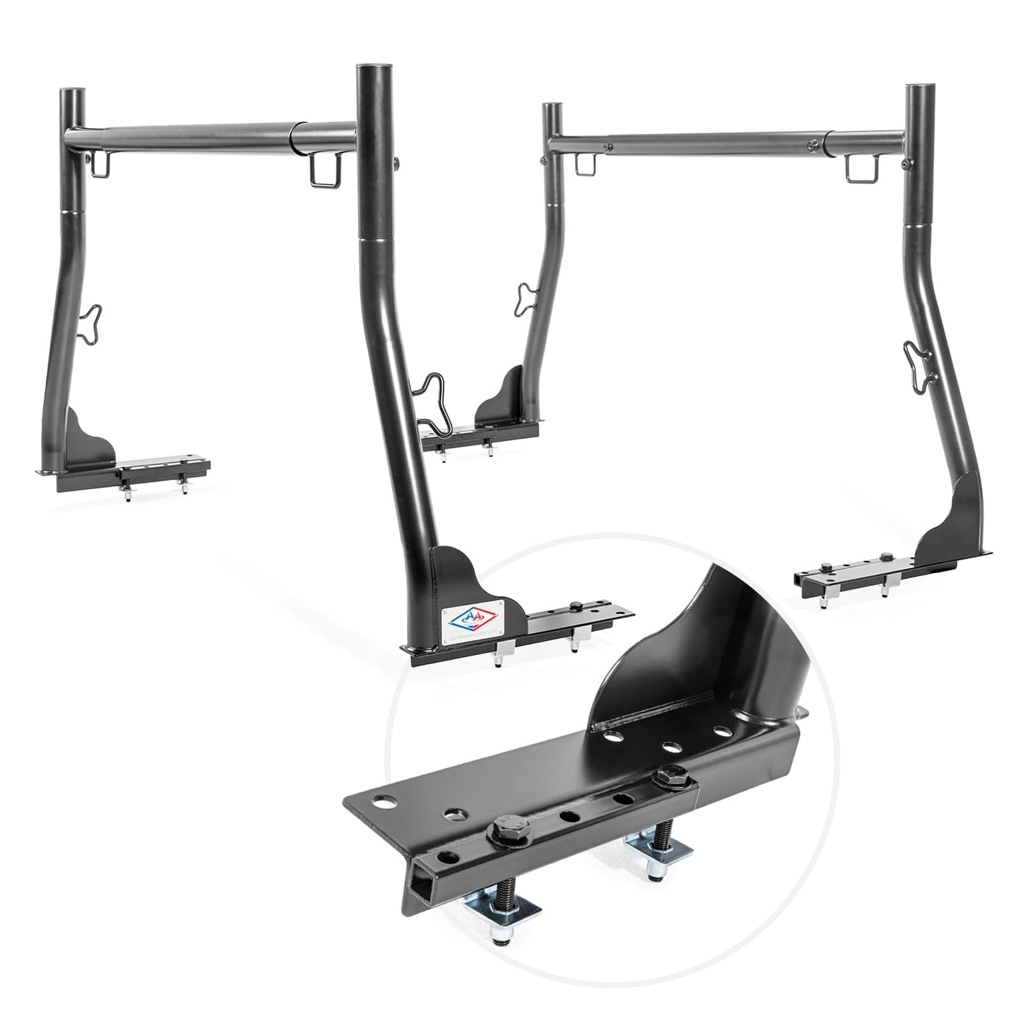 AA-Racks Model X31-J Truck Ladder Rack 800Ibs Capacity with (8) Non-Drilling Z-Clamps Extendable Steel Pick-Up Truck Bed Ladder Rack Two-bar Set - Black