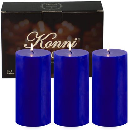 KONNI Classic Blue Pillar Candles Set of 3, 3"x 6" Unscented Pillar Candles Bulk, 56 Hours Long Burning Candles, Smokeless&Dripless Large Round Candle for Wedding, Home Decoration, Parties, Spas