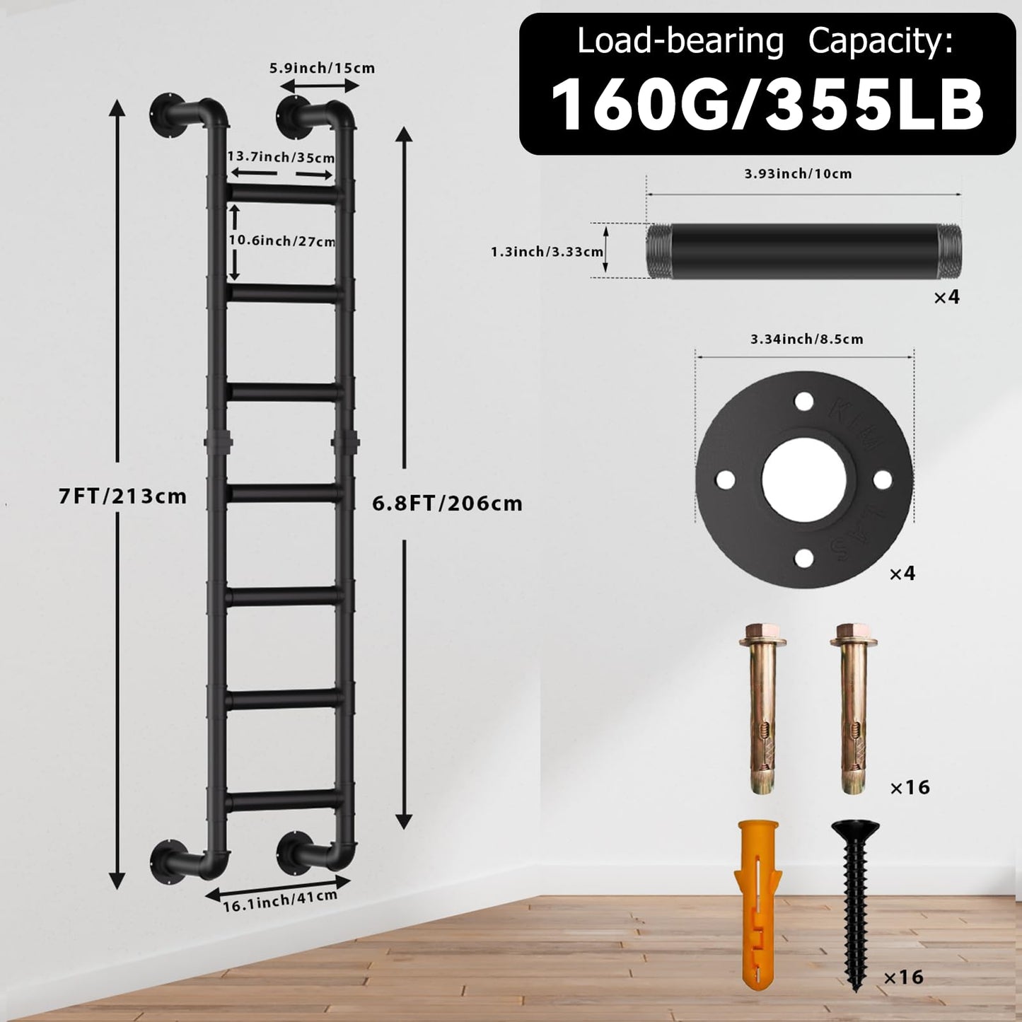 Black 6-Step Wall Mounted Steel Ladder, 6FT Egress Window Well Loft Ladder for Bunk Bed, Camper, RV – Wall/Floor-Mounted Indoor Climb for Basement, Loft, Dorm, Small Spaces