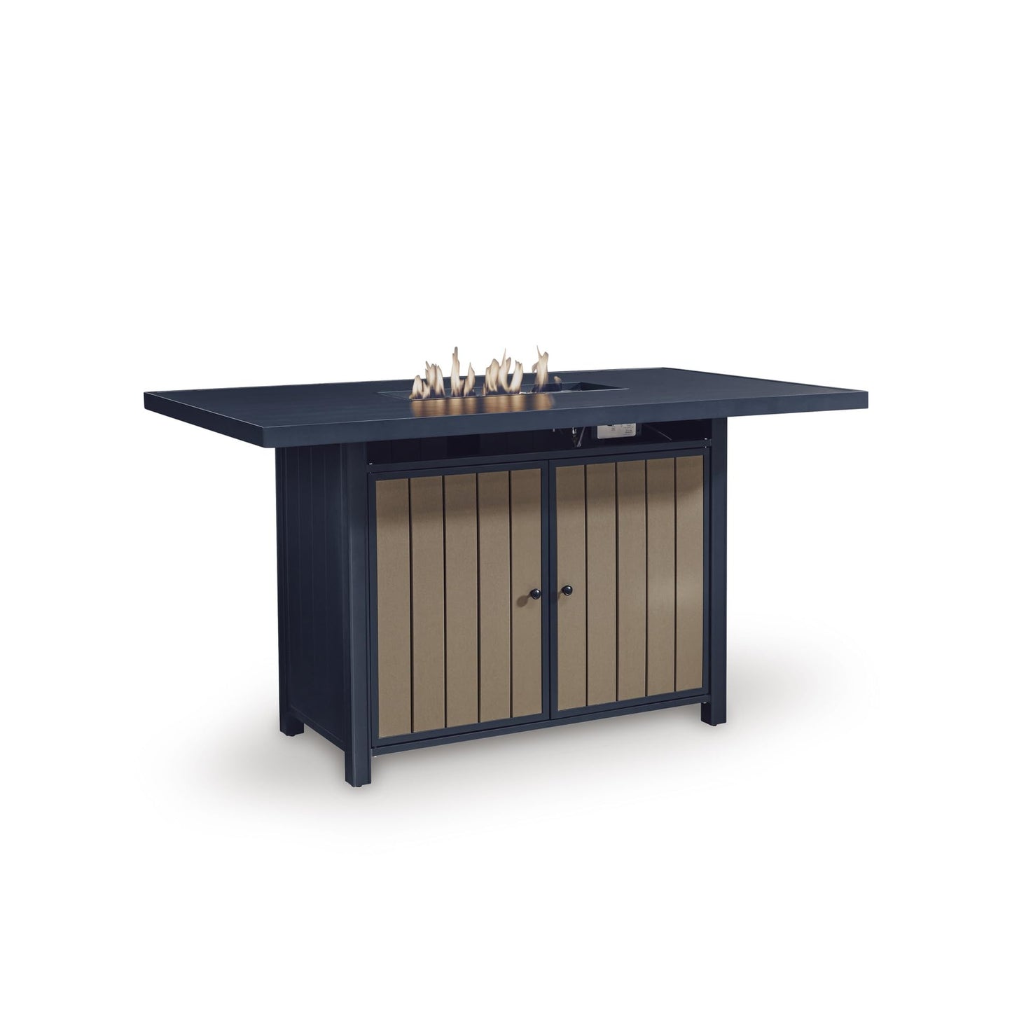 Signature Design by Ashley Mabry Shores Contemporary MEGA-TUFF™ HDPE Weather Resistant Outdoor Bar Table with Fire Pit and Adjustable Flame Control, Blue & Beige