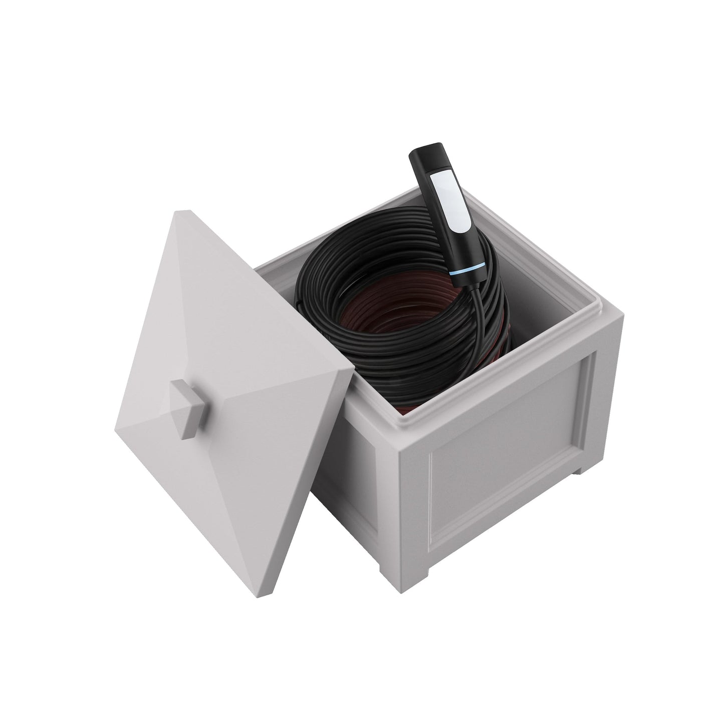 Mayne Heavy Duty Cable Storage Solution for Home & Garage, Lightweight & Functional Outdoor Storage Bin with Lid, Stylish Cable Organizer and EV Charger Storage, White