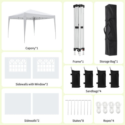 White 10x10 Pop-Up Canopy Tent with 4 Sidewalls – Portable Instant Shelter, Waterproof Outdoor Gazebo for Camping, Parties, Backyard & Beach Activities