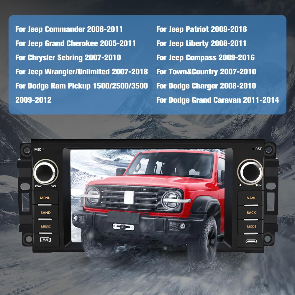 5G Car Radio for Jeep Wrangler JK Compass Patriot/Chrysler/Dodge RAM Charger [2GB+32GB], 7 inch Touch Screen Android 13 Stereo with Bluetooth GPS Wireless CarPlay Andriod Auto AM/FM DSP