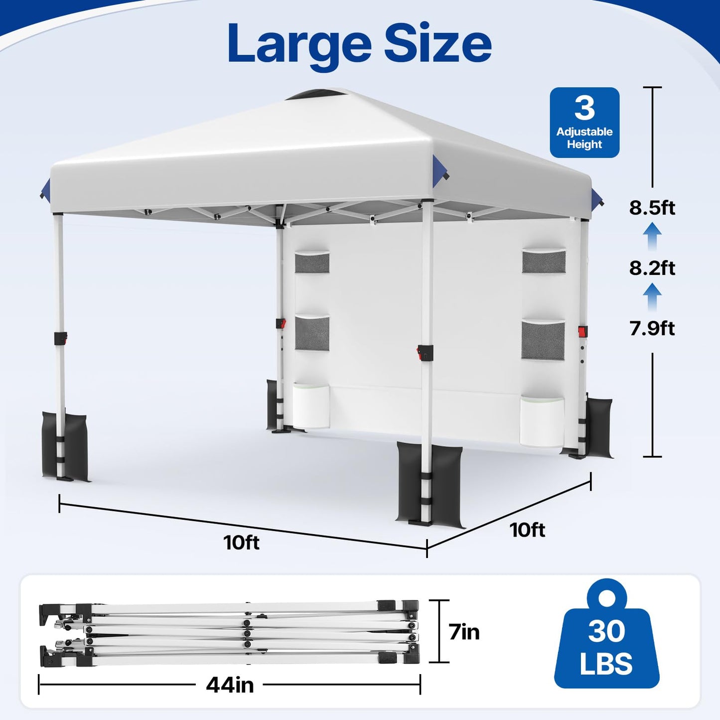 10x10 FT Pop Up Canopy Outdoor Tent with 1 Sidewall and 6 Pockets, 1-Button Push Easy Set Up, 3-Height Adjustable Beach Shade, Heavy Duty Sun Shelter for Vendor Events Camping Party Outdoor Activities