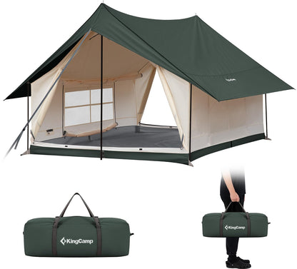 KingCamp 6-8 Person Canvas Tent for Camping Waterproof & Windproof Cabin Tents with Large Mesh Windows, Easy Setup, All Season Wall Tent for Family Camping, Hiking, and Outdoor Events