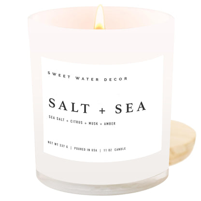 Sweet Water Decor Salt and Sea Candle - Sea Salt, Citrus, Amber, Musk, Beach Scented Soy Candles for Home - 11oz White Glass Jar + Wood Lid, 50+ Hour Burn Time, Made in the USA