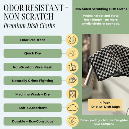Severn Dish Cloths for Washing Dishes 4pk. Odor-Resistant Dish Rags with Non-Scratch Wire Scrubber Side for Kitchen Cleaning. Grime-Fighting Bamboo-Charcoal Microfiber 2-Sided Dishrags. Machine Wash