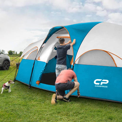 CAMPROS CP Tent 8 Person Camping Tents, Weather Resistant Family Tent, 5 Large Mesh Windows, Double Layer, Divided Curtain for Separated Room, Portable with Carry Bag - Sky Blue