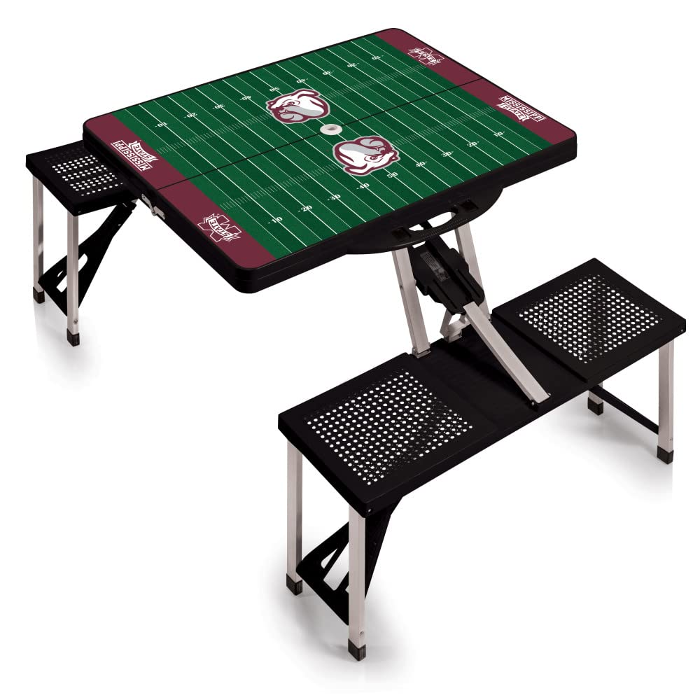 PICNIC TIME NCAA Mississippi State Bulldogs Football Field Folding Picnic Table - Camping Table - Outdoor Table with Umbrella Hole, (Black)