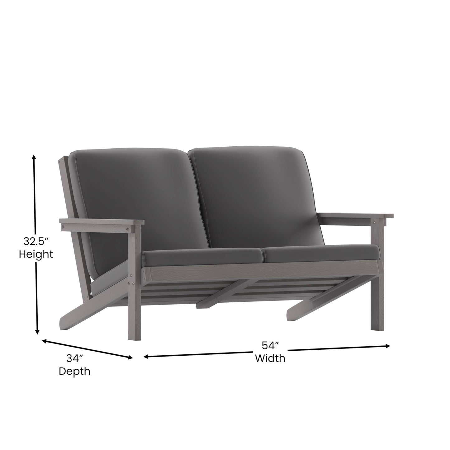 Flash Furniture Charlestown Adirondack Style Deep Seat Patio Loveseat with Cushions - Gray Poly Resin Frame - Gray All-Weather Cushions - Indoor/Outdoor