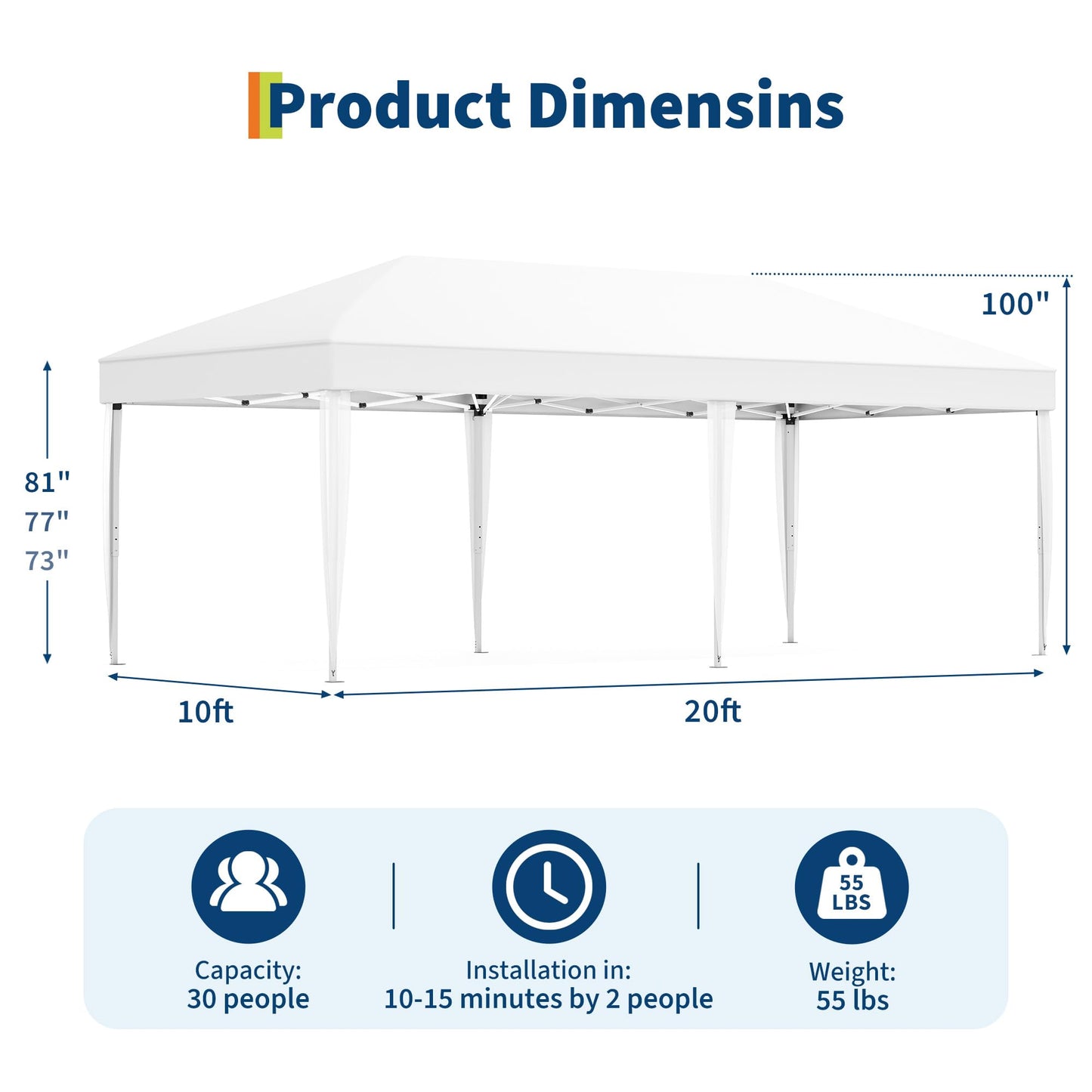 Outdoor Canopy Tent, 10x20 Pop Up Canopy with Carry Bag, 3 Adjustable Heights, Easy Set Up Tent, Heavy Duty Portable Shelter for Parties, Beach, Outdoor, White