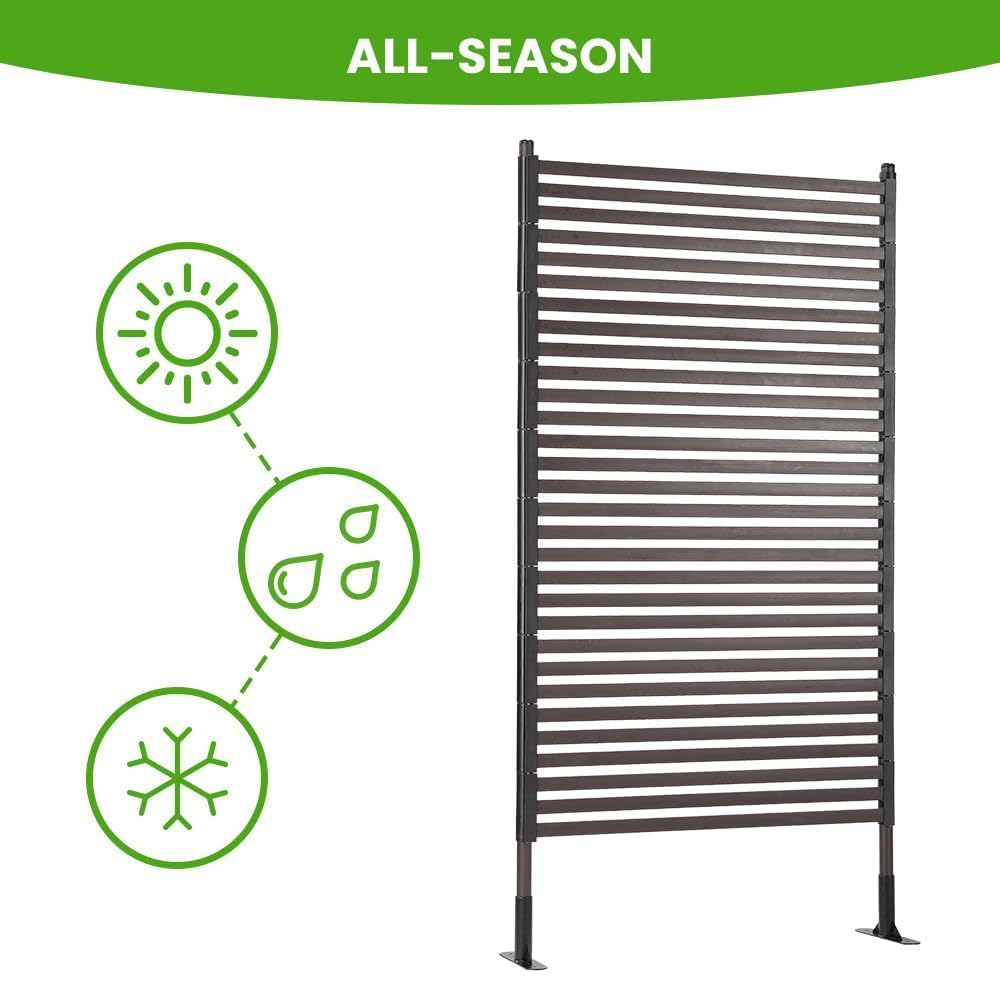 OTOSUNNY Metal Outdoor Privacy Screen with Stand, 4 ft W x 6 ft H PE-Coating Steel Pipes and Slats Panels, Decoative Privacy Screen Fence Panels Freestanding for Outside Patio Garden Backyard, Brown