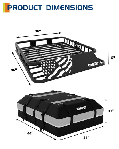 GarveeLife 46" x 36" Universal Roof Rack Basket, 200 Lbs Capacity Rooftop Cargo Carrier Basket with 15 Cubic Feet (44" x 34" x 17") Waterproof Luggage Bag, for Suvs, Trucks, Vehicles
