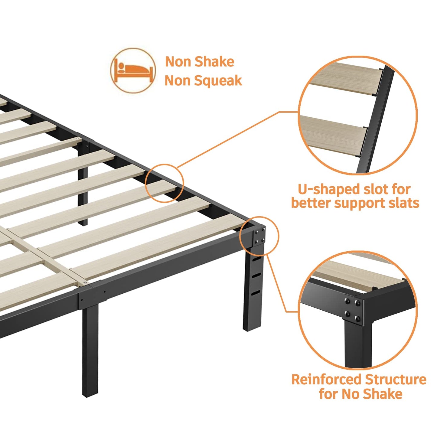 ZIYOO Full Size Bed Frame, 3 Inches Wide Wood Slats,18 Inch Tall Metal Platform, Heavy Duty 3500lbs Support for Mattress, No Box Spring Needed, Noise Free