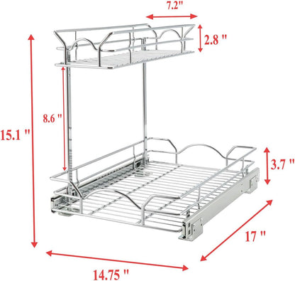 OCG Under Sink Cabinet Organizer - Two Tier Pull Out Shelf for Kitchen & Bathroom (14.75"W x 17"D)