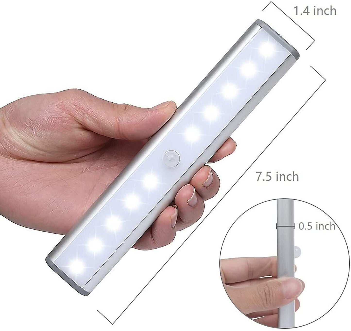 Moston 10 LED Magnetic Motion Sensor Wardrobe Closet Lights,Auto On/Off Under Cupboard Cabinet Lighting,Rechargeable Battery Powered Sensing Night Light,Stick-on Anywhere (Silver Aluminium,2 Pack)