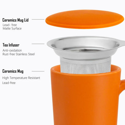Tea Cup with Infuser and Lid, 20oz Tea Mug with Handle for Steeping Loose Leaf Tea, Dishwasher and Microwave Safe, Ceramic Tea Strainer Cup Gifts for Tea Lovers, Orange