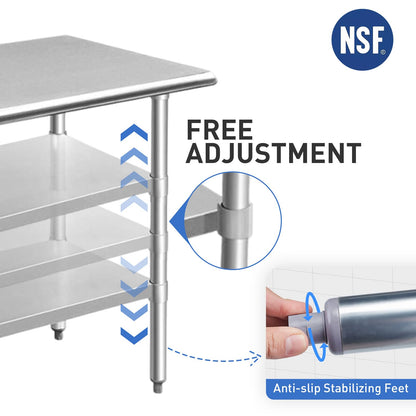 ROCKPOINT Stainless Steel Table for Prep & Work 24x60 Inches, NSF Metal Commercial Kitchen Heavy Duty Table with Adjustable Under Shelf and Table Foot for Restaurant, Home and Hotel