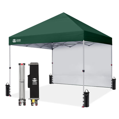 CROWN SHADES Pop Up Canopy with 1 Side Wall - Beach Tent with One Push Setup - Outdoor Sun Shade for Events, Parties, Camping - Gazebo with STO-N-Go Cover Bag, Forest Green, 8x8FT