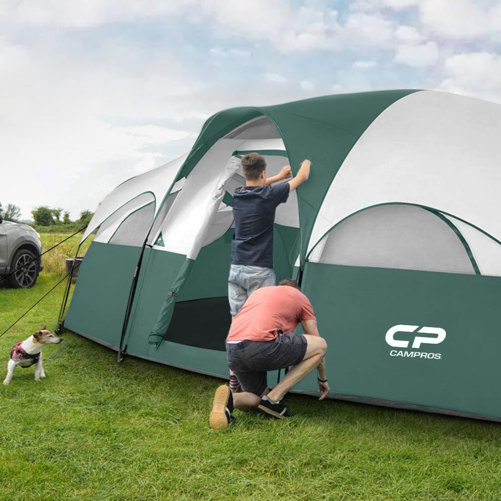 CAMPROS CP Tent 8 Person Camping Tents, Weather Resistant Family Tent, 5 Large Mesh Windows, Double Layer, Divided Curtain for Separated Room, Portable with Carry Bag - Dark Green