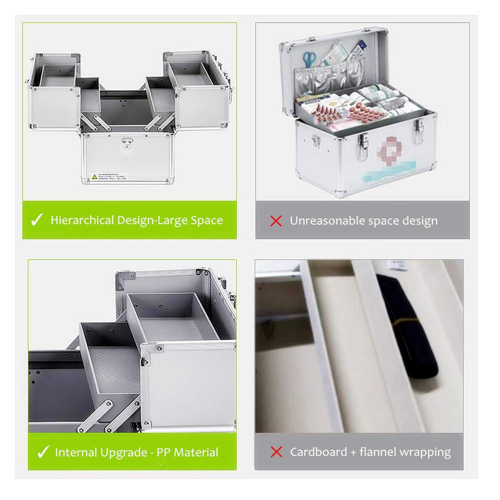 Nurth First Aid Kit Lockable First Aid Box Security Lock Medicine Storage Box with Portable Handle,Medication Lock Box 3 Tier Design/Precription Storage Box Large Space 14 × 9.8 × 11inch (Silver)