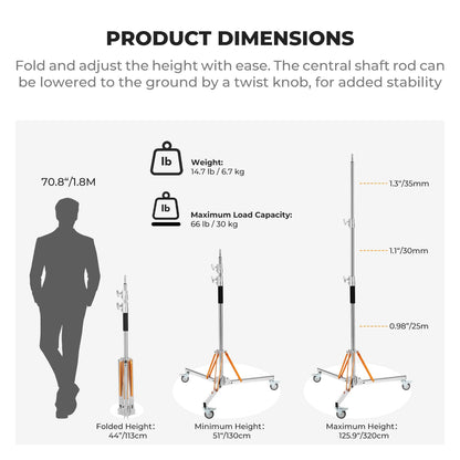 K&F CONCEPT Heavy Duty Light Stand with 360° Swivel Casters & Step-On Brakes, 10ft/305cm Adjustable Stainless Steel Tripod Stand for Studio Photography, Supports COB Lights, Softboxes up to 30kg/66lb