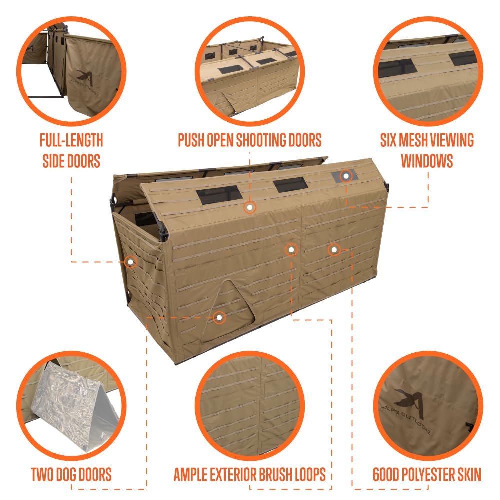 ALPS OutdoorZ Alpha Waterfowl Blind - Durable Hunting Blind in Tan, with Push Open Shooting Doors, Full-Length Side Access, Removable Gun Rests, Mesh Pockets, and Dog Doors