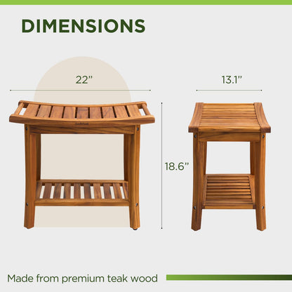 GREENTEAK Combo 22" Teak Shower Bench & Large Bath Mat 32", Teak Shower Stool with Shelf and Foldable Teak Bath Mat, Non-Slip Waterproof Spa Bathroom Seat, Indoor Outdoor
