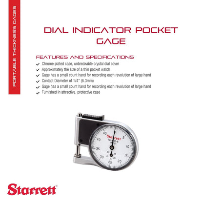 Starrett Dial Indicator Pocket Thickness Gage with Chrome Plated Case for Materials up to 3/8" Thick - 0-.375" Range, 0-100 Dial Reading, .001" Graduation - 1010Z