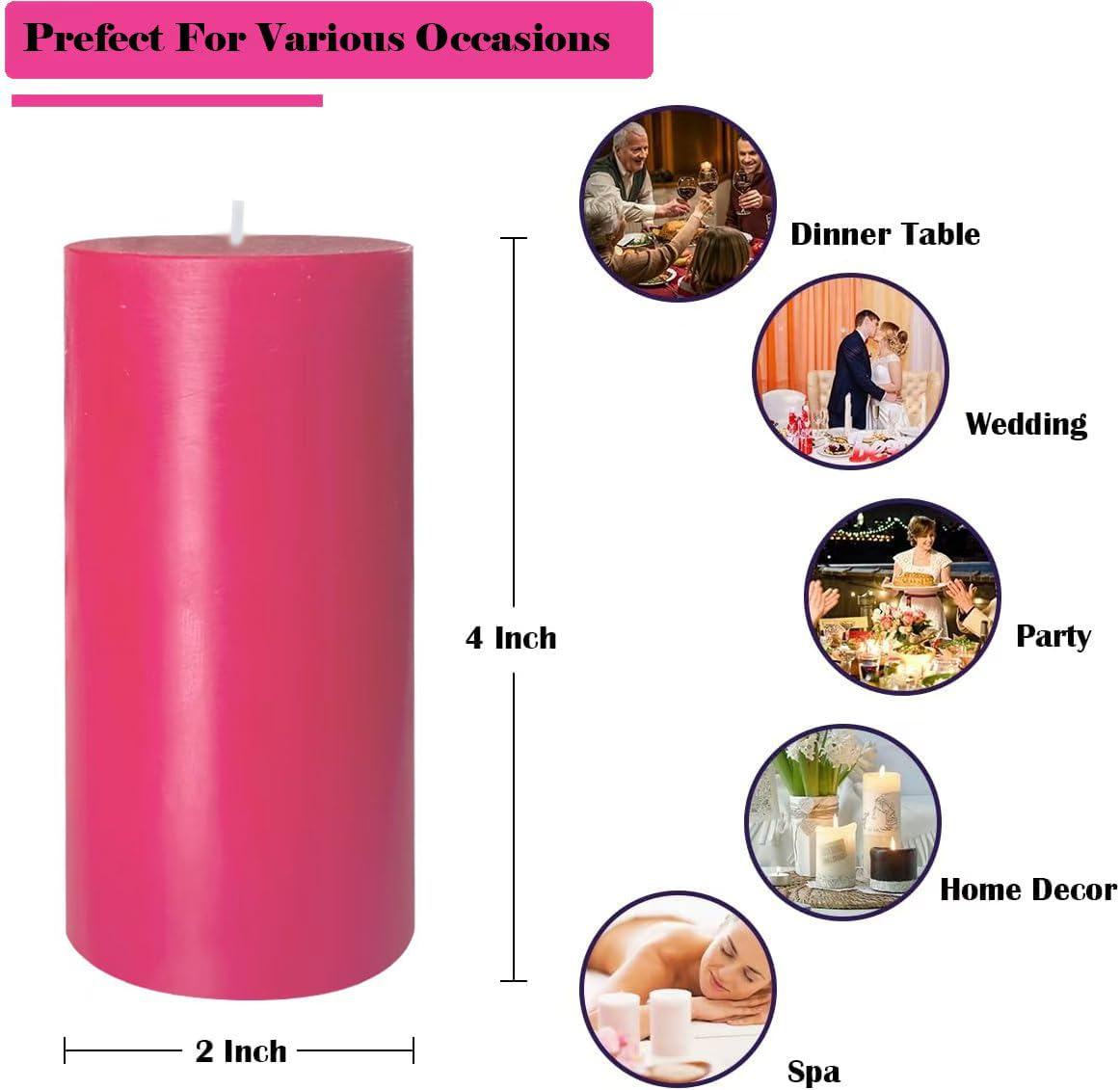 4 Pack Hot-Pink Pillar Candles, 2x4 Inch, Long-Lasting, Dripless and Smokeless Unscented Candles, Ideal for Home Décor, Parties Weddings and Relaxation